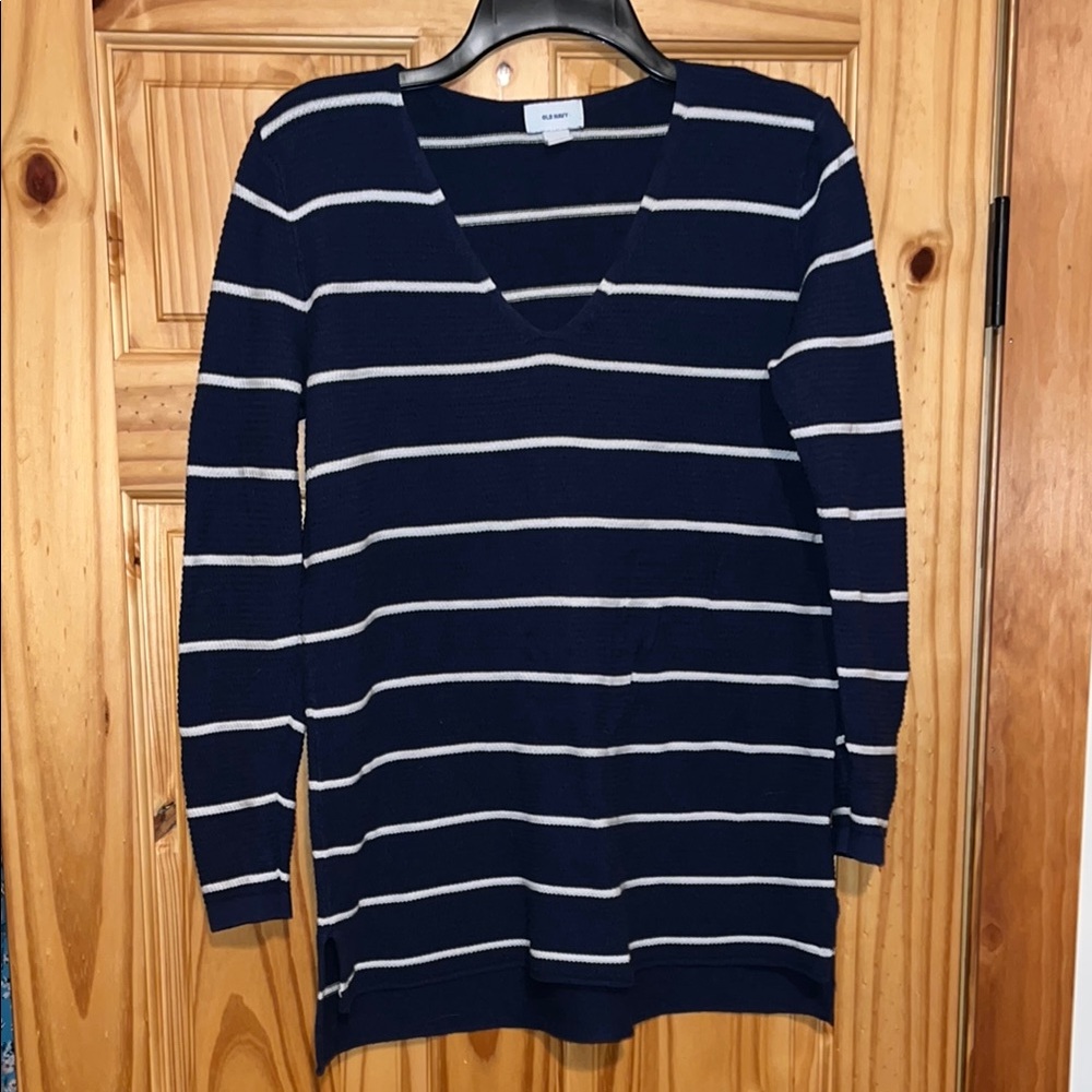 Old Navy Blue V-Neck Sweater with Striped Design